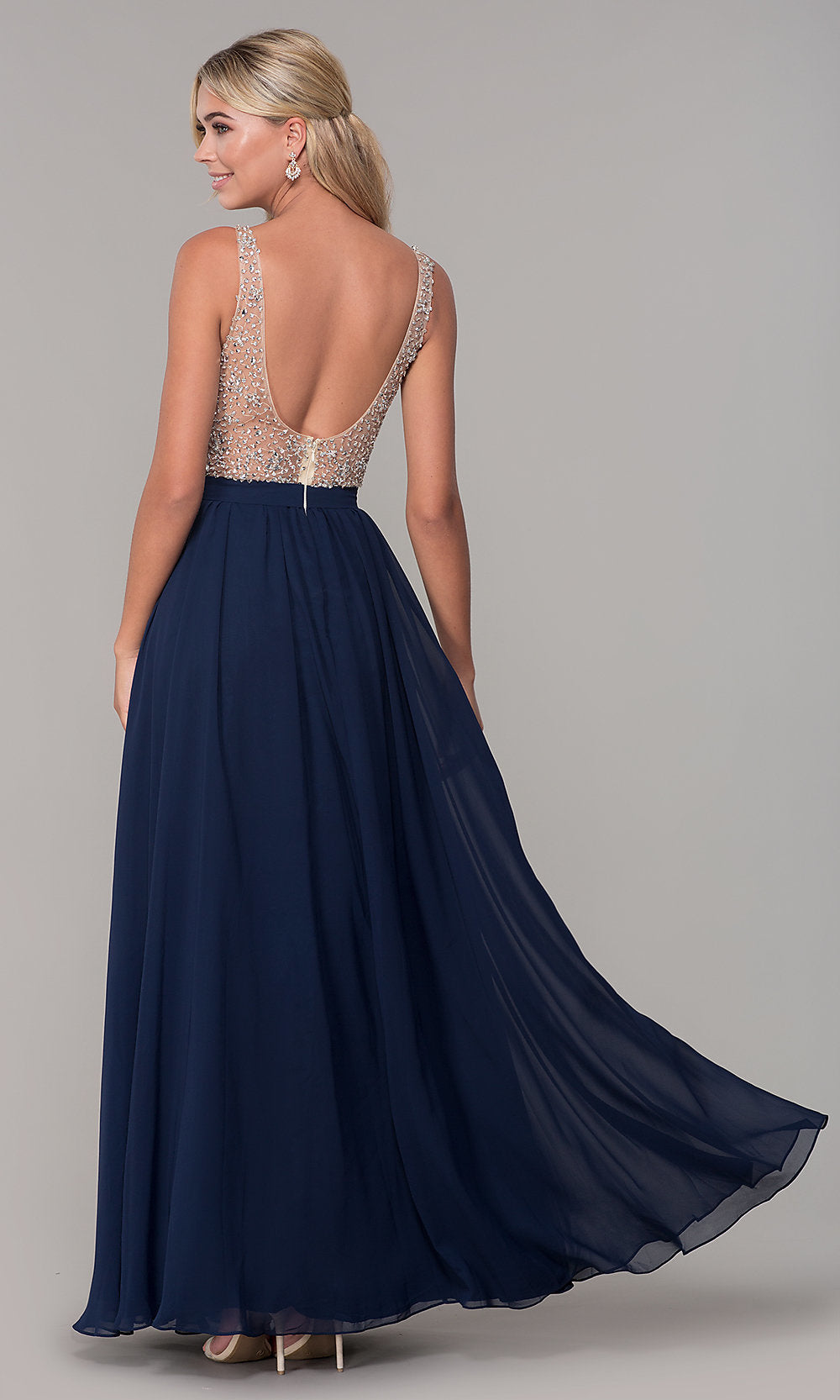 Dancing Queen-Long Illusion-Beaded-Bodice V-Neck Prom Dress